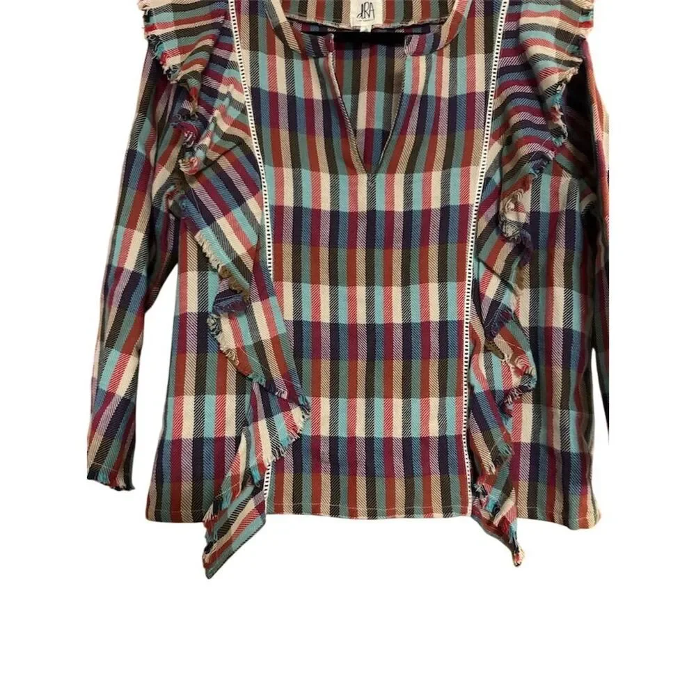 Anthropologie Women's Plaid Fringe Ruffle Tunic Blouse Size L Multicolor - Picture 6 of 8